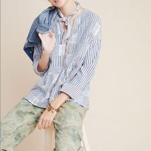 Anthropologie MAEVE Blue Patchwork Striped Zoe Swing Blouse L
